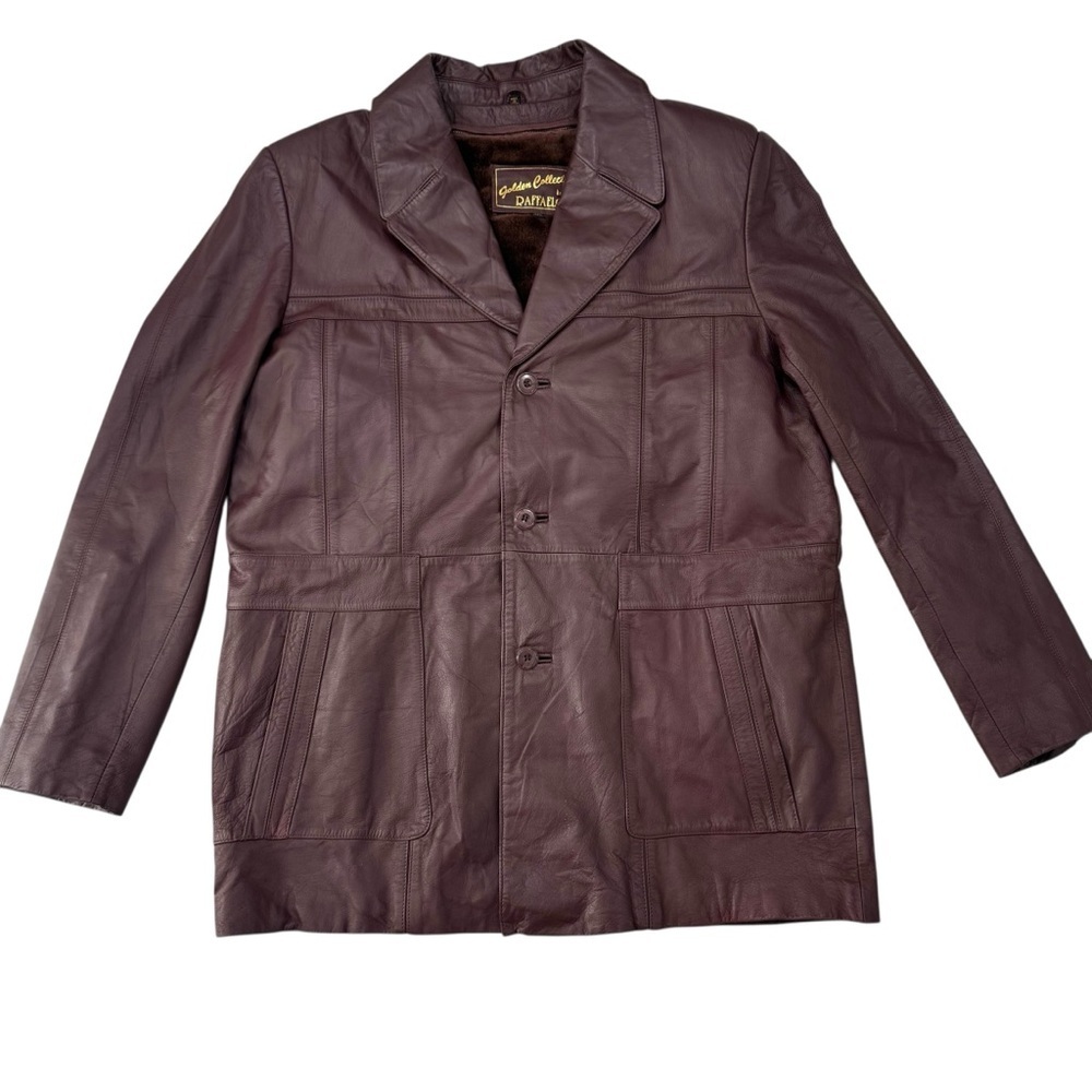 1970s Raffaelo Golden Collection Oxblood Leather Car Coat 46L Plaid Lined Jacket